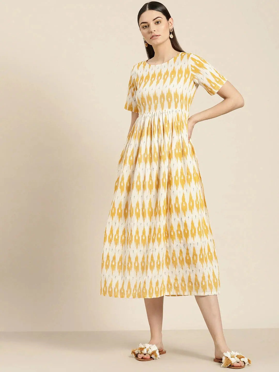 Fashion Forward, Function First Yellow Ikat Patch Pocket Midi Dress