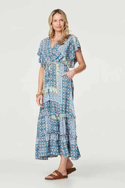 Chic And Edgy Printed Frill Sleeve Maxi Dress