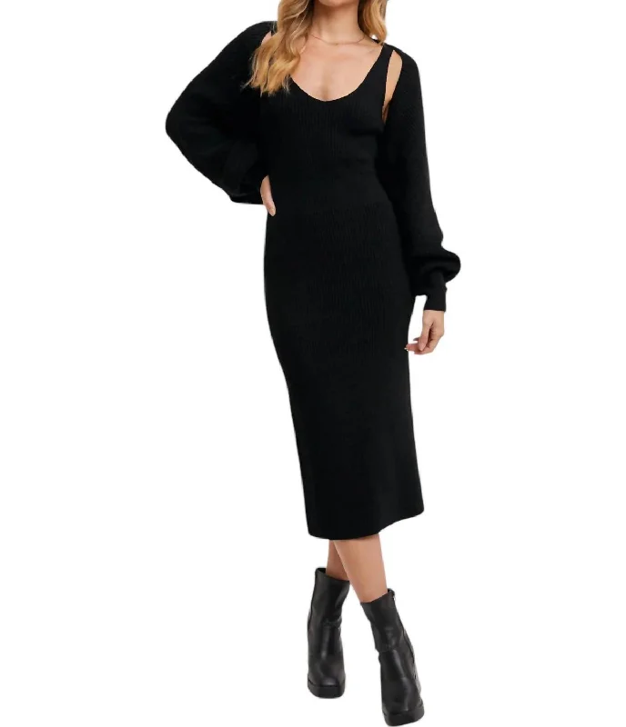 Plus Size Women’s Fashion and Clothing V-Neck Knit Midi Dress And Knit Shrug Set In Black