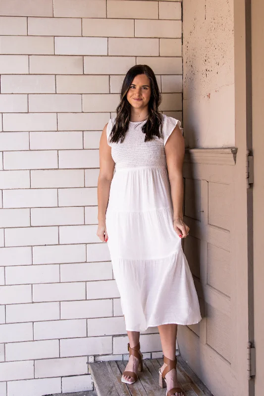 Stupidly Low Prices Krysta Smocked Tiered Midi Dress | White