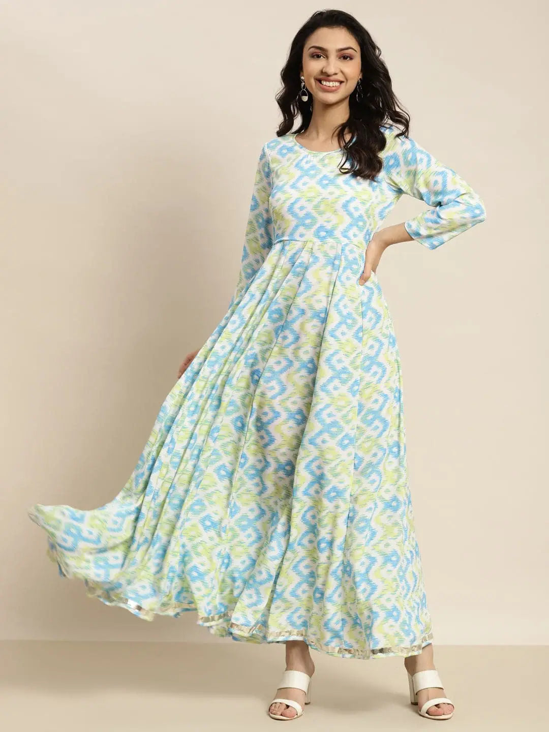 Comfort First Women's Fashion Women Blue & Green Ikat Anarkali Maxi Dress