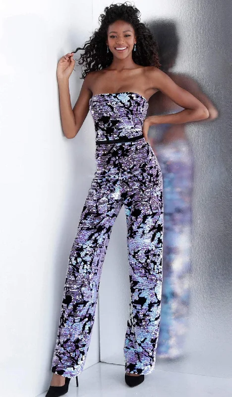 Women Apparel Jovani - Straight Across Sequined Fitted Jumpsuit 67849SC - 1 pc Multi-Color in Size 6 Available