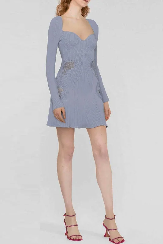 Hurry Before It's Gone Pretty Sweetheart Long Sleeve Lace Trim Cashmere Sweater Mini Dress - Blue