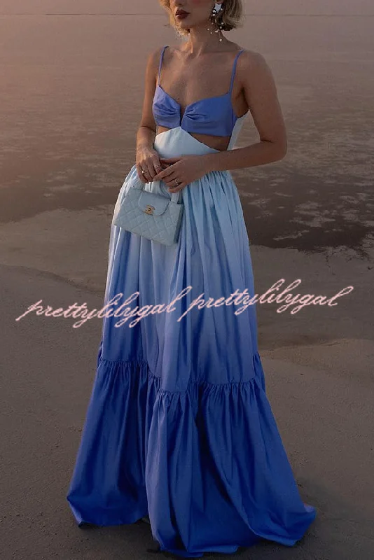 Sophisticated Fashion Ocean Breeze Gradient Color Print Cutout Waist Tiered Maxi Dress