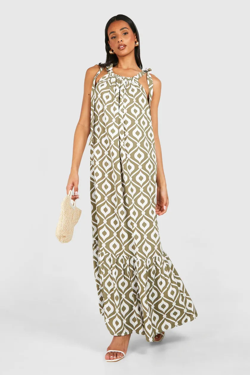 Special Occasion Wear Khaki Tall Abstract Printed Maxi Dress