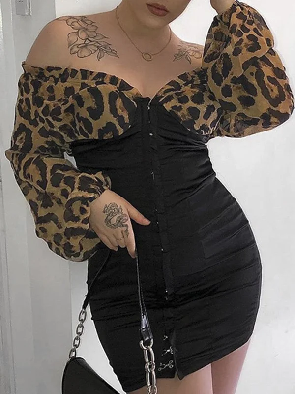 Seasonal Sale Off Shoulder Leopard Print Short Mini Dress - Black