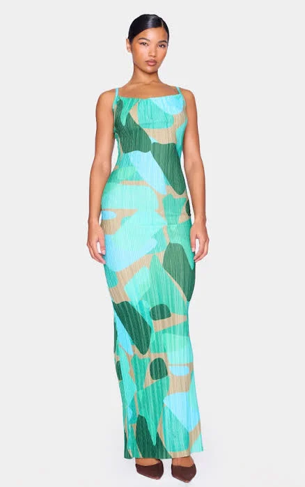 Special Offer Green Abstract Print Plisse Strappy Maxi Dress