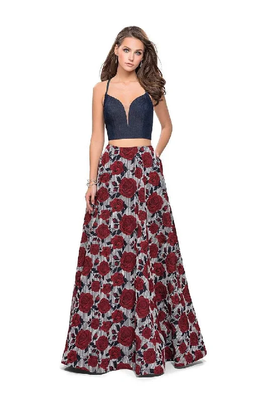 Casual Yet Stylish Separates La Femme - 25789 Two Piece Plunging Denim Open Back A-line Gown