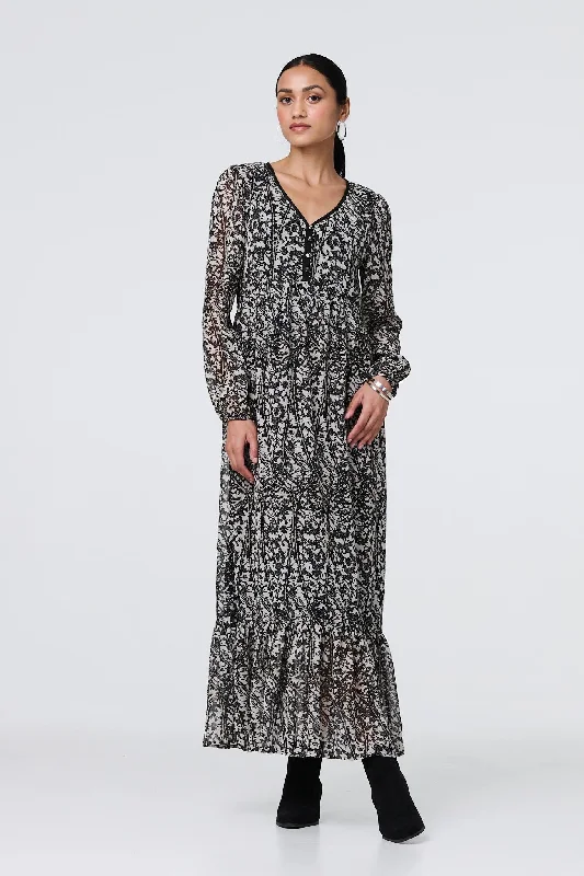 Comfort First Women's Wear Leaf Print Long Sleeve Relaxed Maxi Dress