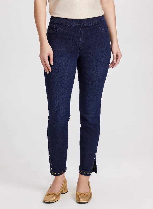 Sophisticated Fashion Studded Hem Slim-Leg Jeans