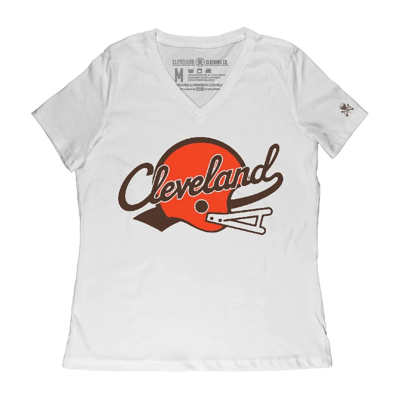 Fast Fashion Favorites Cleveland Script Helmet - Womens Relaxed Fit Vneck T-Shirt