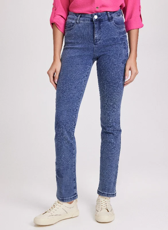 Athleisure Wear Floral Embroidered Straight-Leg Jeans