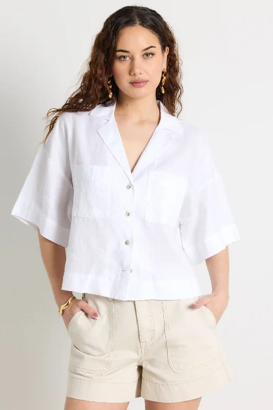 Fashion Forward Femininity Meander White Linen Boxy SS Shirt