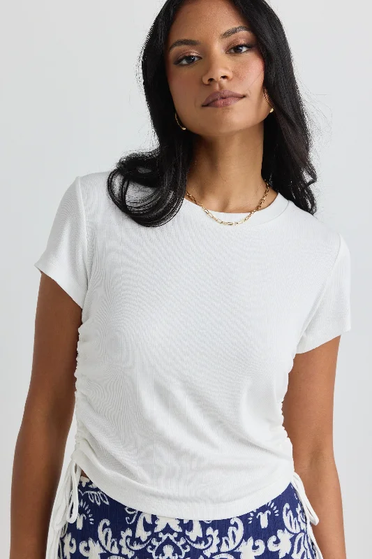 Comfort First Women's Fashion Perfect White Rib Rouched Side Crop Tee