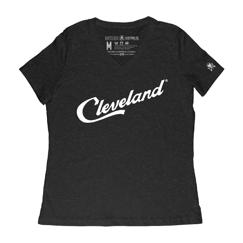 High End Designer Brands Discount Cleveland Script - Womens Relaxed Fit V-Neck T-Shirt - Heather Black