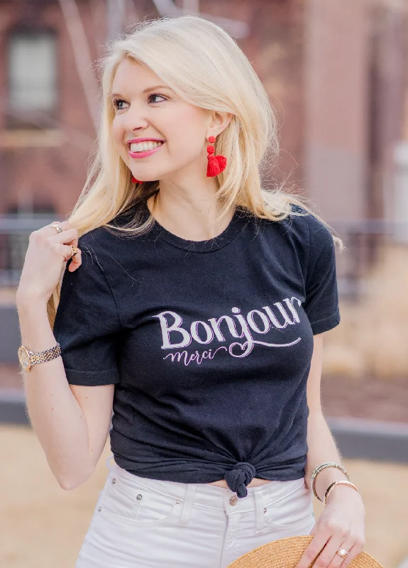 Women Wear Online Bonjour Merci Black T-Shirt