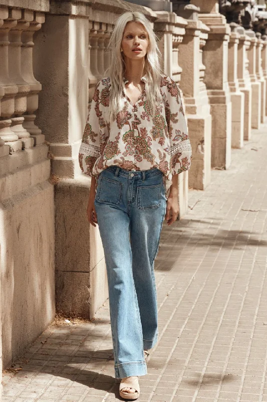 Unleash Your Trendy Side Invoke Cream Paisley High Neck SS Blouse