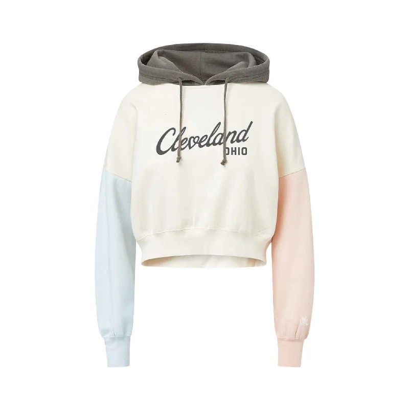 Flash Sale Fever Cleveland Heart Script - Color Block Womens Pullover Cropped Hoodie